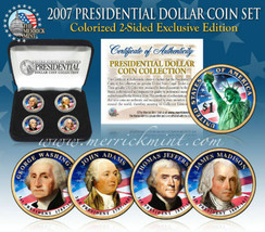 2007 USA MINT COLORIZED PRESIDENTIAL $1 DOLLAR 4 COINS SET WITH BOX - $21.87