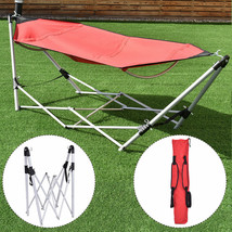 Portable Folding Hammock Lounge Camping Bed Steel Frame Stand W/Carry Bag Red - £95.11 GBP
