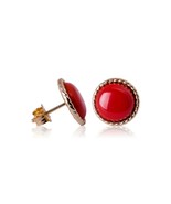 14k Yellow Gold Gold Twisted Bezel Red Coral Push Back Stud Earrings 12mm - £157.90 GBP