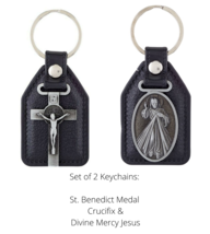 2 pk Leather Fob Keychains Divine Mercy Chaplet Jesus &amp; St. Benedict Crucifix - £7.86 GBP