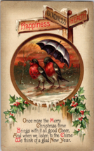 Vtg Postcards Christmas winter snow Birds Under Umbrella Street signs and Holly - £6.25 GBP