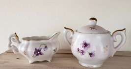 Vintage Lefton China ~ Hand Painted Miniature Sugar Bowl &amp; Creamer Purple Floral - £17.87 GBP