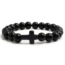 Trendy Jesus Cross Charm Blue Beaded Men Bracelets Black Lava Stone 8mm White Be - £10.46 GBP