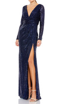 Ieena Mac Duggal 26490I Long Sleeve Ruched Faux Wrap Sequin Gown SZ 4 Navy - £141.49 GBP