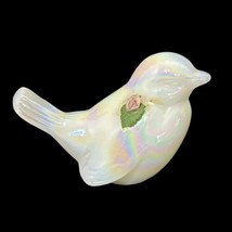 Fenton White Iridescent Glass SMALL BIRD w/Applied Porcelain Rose Vintage - $17.77
