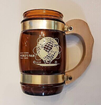 Primary image for Siesta Ware Brown Glass Wood Handle Barrel Mug New York Worlds Fair 1964-65 VTG
