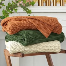 Chunky Cable Knit Throw Blanket Lightweight Beige 100% Organic Cotton Blanket - $46.15