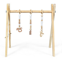 Foldable Wooden Baby Gym w/ 3 Wooden Baby Teething Toys Hanging Bar Natural - $47.58