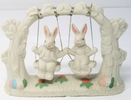 Bunny Rabbits Swing Figurine Spring Easter Ceramic Couple 1980s Vintage - £15.24 GBP