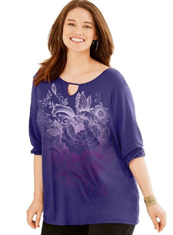 Just My Size 1X  Graphic 3/4 Sleeve Key Hole Neckline Fluid Drape Tunic Top - $4.95