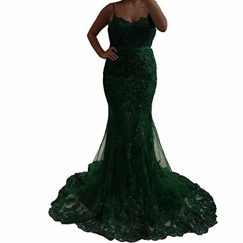 Spaghetti Mermaid Long Beaded Lace Tulle Prom Evening Dress Emerald Green US 4