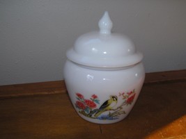 Vintage Avon White Milk Glass Ginger Candy Jar w Coral Colored Flowers &amp; Bird - £6.86 GBP