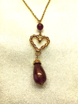 Vintage Avon Textured Heart Purple Pendant Necklace Gold Tone 28&quot; Rope Chain  - £9.48 GBP