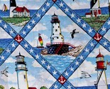 Cotton Lighthouses Ocean Beach Sea Nautical Blue Fabric Print by Yard D3... - $9.95