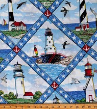 Cotton Lighthouses Ocean Beach Sea Nautical Blue Fabric Print by Yard D372.55 - £8.02 GBP