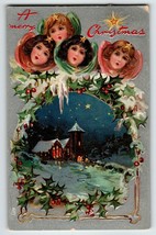 Christmas Postcard Tuck Angels Cherubs Church Embossed Holly Stars Snow 136 - £12.96 GBP