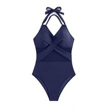 Women&#39;s Navy Blue Halter Neck One-Piece Swimsuit with Bow Vintage Swimwe... - £24.63 GBP