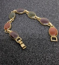 Vintage Style Link Tiger Eye Red Goldstone Emerald Glass Elegant Bracelet 14k GP - £39.51 GBP