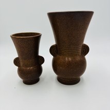 Mid Century Modern McCoy Vase Pair Art Deco Speckled Brown Vintage Brush... - $67.50