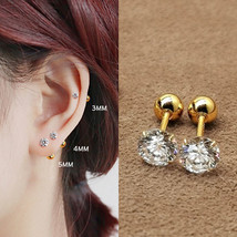 Womens Girls Gold Round CZ Crystal Stud Earrings Screw Back Surgical Steel 2-6mm - £4.81 GBP