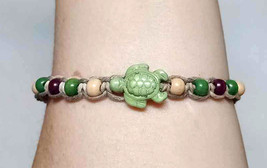 Green Turtle Wood Bead  Hemp Bracelet  handmade jewelry  Kids Girls  - £7.81 GBP
