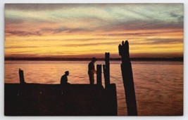 Sunset Over The Waters Fishing From Pier By Harrison Postcard B47 - £3.10 GBP