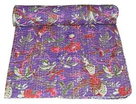Traditional Jaipur Indian Handmade Purple Kantha Bird Print Quilt Cotton Throw B - £44.33 GBP+