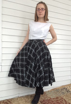 50s Circle Skirt Black Silver Print Full Long Vintage S 26 Waist - £27.68 GBP