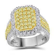 14kt White Gold Womens Round Canary Yellow Diamond Rectangle Cluster Ring - $2,497.00