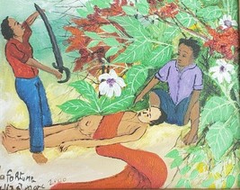 2000 Rare Original Lafortune Felix Naif Folk Art Vodou Haitian Oil Painting - £1,954.04 GBP