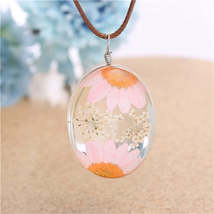 Pink Peach Blossom &amp; Resin Cord Silver-Plated Oval Pendant Necklace - £11.18 GBP