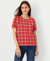 New Ann Taylor Red Plaid Knit Crew Neck Short Sleeve Blouse Top M - £27.39 GBP