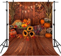 5X7FT Fall Thanksgiving Wooden Floor Barn Autumn Pumpkins Maple Leaves Sunflower - £17.34 GBP