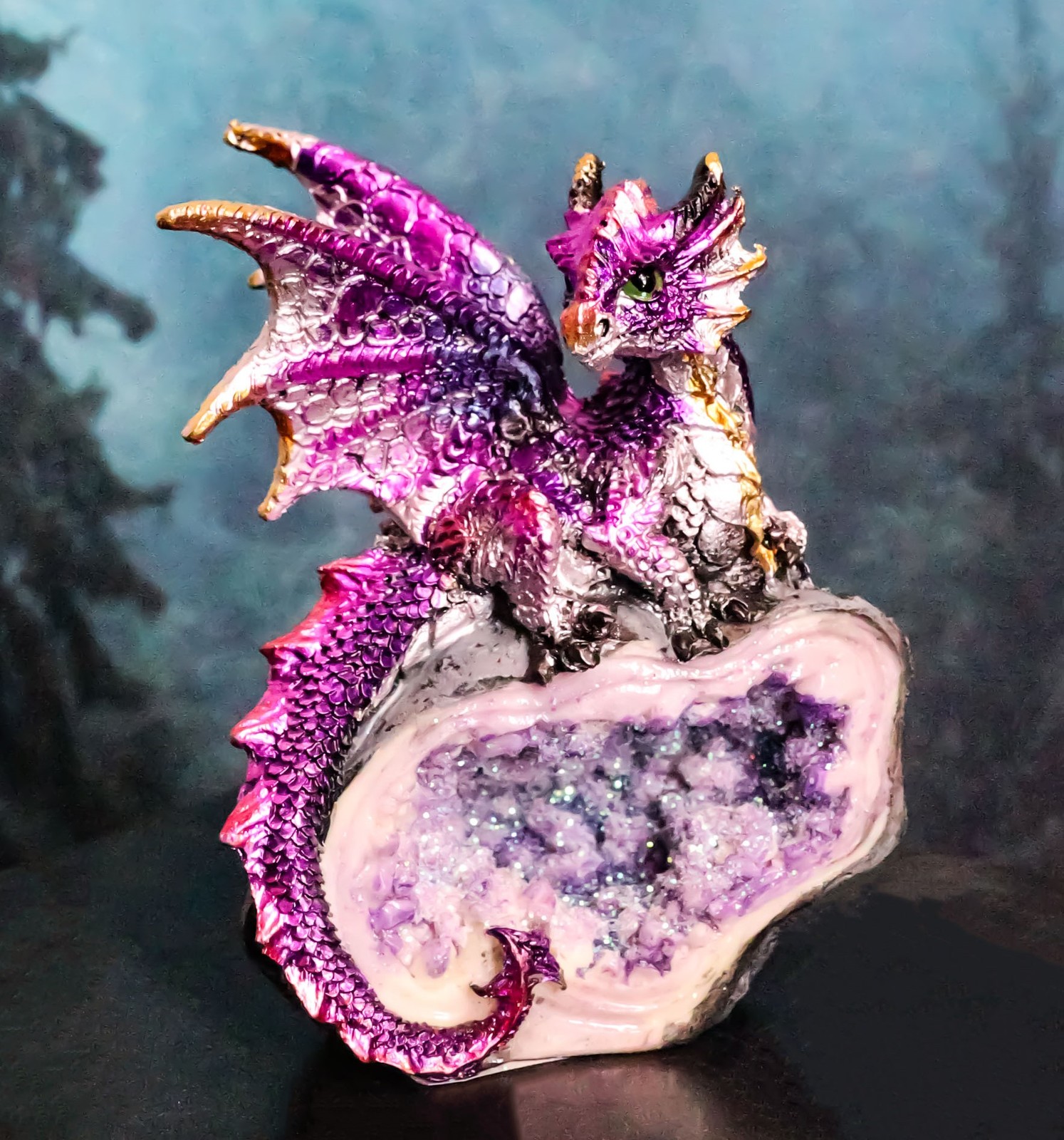 Metallic Purple Iridescent Wyrmling Dragon On Faux Geode Crystal Rock Fi... - $17.99