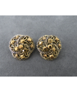 Vintage Earrings Clip Gold Flash Rhinestones Gold Tone Antiqued Metal 1&quot;... - $9.89