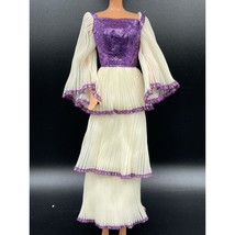 Vintage Marie Osmond Doll Dress Ruffle White Purple Glitter Ivory Gown #9817 - £13.39 GBP