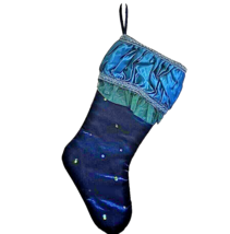 Teal Blue and Navy Velvet and Sparkly Sequin Christmas Stocking Ruffled 20 In - £19.79 GBP