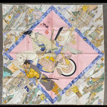 Hermes Scarf Les Artisans d&#39;Hermes by Akira Yamaguchi 90 cm Silk Carre pink blue - £703.89 GBP