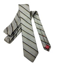 Chaps Slim Mens Tie Black Gray Tan Gold Striped Necktie - £11.35 GBP