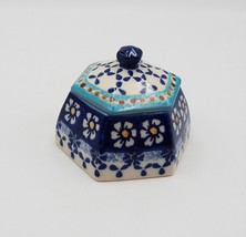 Polish Pottery Trinket Dish w/Lid Daisy Blue Flowers Hand Painted Box Jar - $29.99