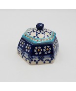 Polish Pottery Trinket Dish w/Lid Daisy Blue Flowers Hand Painted Box Jar - $29.99