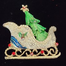 Christmas Sleigh Sled &amp; Tree Gold-Silver Toned Enamel Brooch Pin Gerry&#39;s... - $15.49