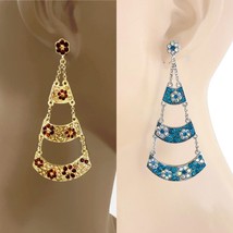 Bundle Lot 2 Pairs Of 3" Long Brown & Teal Crystals Floral Chandelier earrings  - $14.25