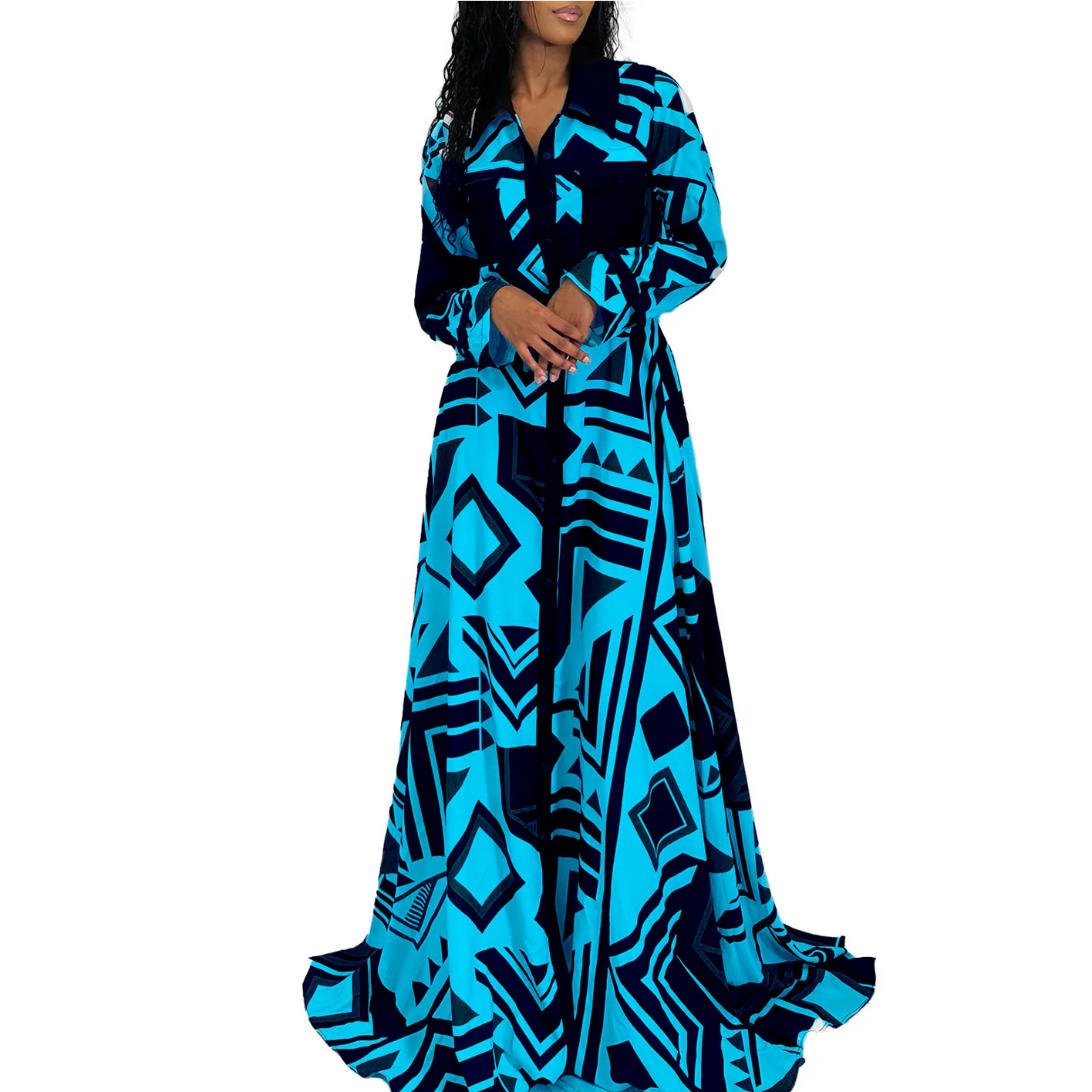White Blue Yellow Polyester Autumn African Long Sleeve V-neck Printing Long Dres