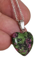 Anyolite Ruby Zoisite Pendant Carved Heart Chain 18&quot; Necklace Grounding Unique - £6.44 GBP