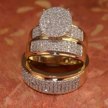4Ct Round Cut Lab Created Diamond His &amp; Her Trio Ring Set 14K Yellow Gold Plated - £174.61 GBP