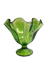 MCM L. E. Smith Glass Green SIMPLICITY 7.75&quot; Crimped Compote Handkerchie... - $31.68