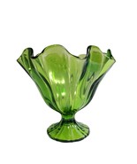 MCM L. E. Smith Glass Green SIMPLICITY 7.75&quot; Crimped Compote Handkerchie... - £24.92 GBP