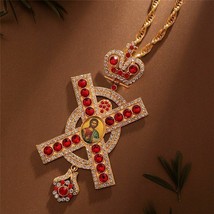 Necklace Red Crystal Crown Pectoral Cross Christian Jesus Crucifix Colla... - $40.92