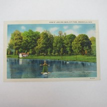 Vintage 1933 Postcard Lake &amp; Swan City Park Greenville Ohio Curt Teich UNPOSTED - £4.69 GBP